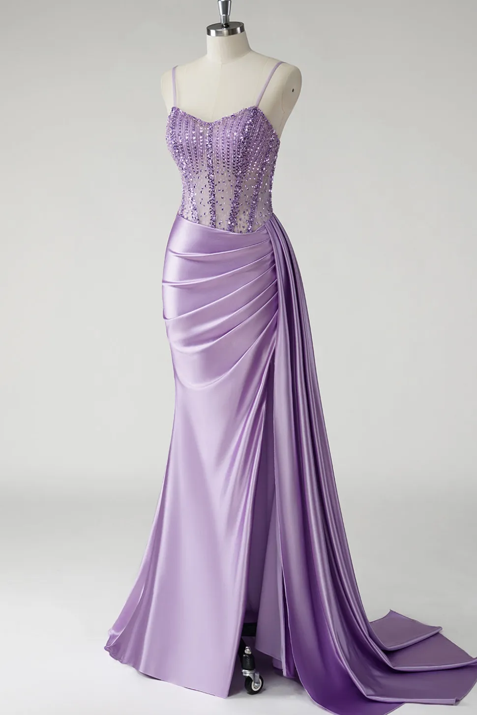 Espartilho roxo brilhante cetim lado cabo longo vestido de baile com fenda