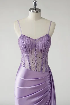 Espartilho roxo brilhante cetim lado cabo longo vestido de baile com fenda