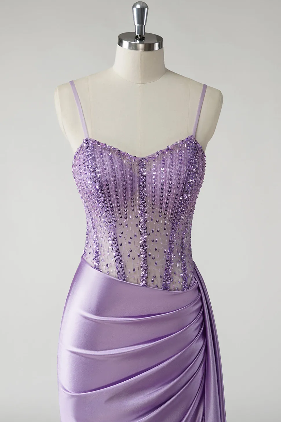 Espartilho roxo brilhante cetim lado cabo longo vestido de baile com fenda