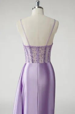 Espartilho roxo brilhante cetim lado cabo longo vestido de baile com fenda