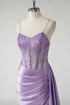 Espartilho roxo brilhante cetim lado cabo longo vestido de baile com fenda