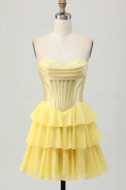 Espartilho sem alças amarelo Um vestido de volta em camadas de linha