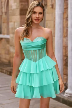 Espartilho sem alças amarelo Uma linha frisado Homecoming Dress