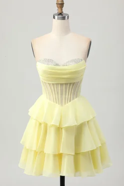 Espartilho sem alças amarelo Uma linha frisado Homecoming Dress
