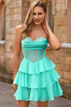 Espartilho sem alças amarelo Uma linha frisado Homecoming Dress
