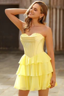 Espartilho sem alças azul Tiered A-Line Short Homecoming Dress