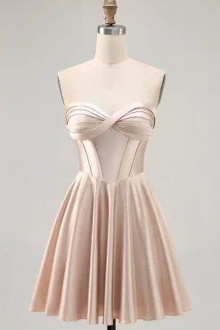 Espartilho sem alças cetim champanhe curto homecoming vestido