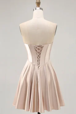 Espartilho sem alças cetim champanhe curto homecoming vestido