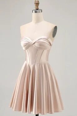 Espartilho sem alças cetim champanhe curto homecoming vestido