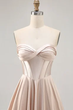 Espartilho sem alças cetim champanhe curto homecoming vestido