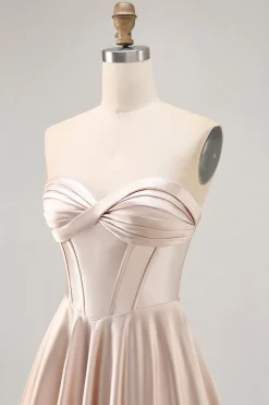 Espartilho sem alças cetim champanhe curto homecoming vestido