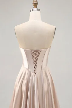 Espartilho sem alças cetim champanhe curto homecoming vestido