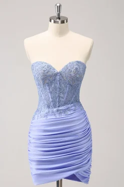 Espartilho sem alças lilás plissado apertado Homecoming Dress com apliques
