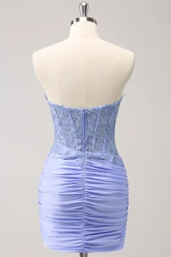 Espartilho sem alças lilás plissado apertado Homecoming Dress com apliques