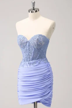Espartilho sem alças lilás plissado apertado Homecoming Dress com apliques