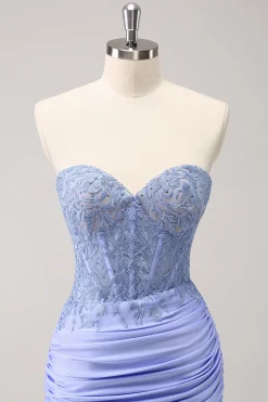Espartilho sem alças lilás plissado apertado Homecoming Dress com apliques