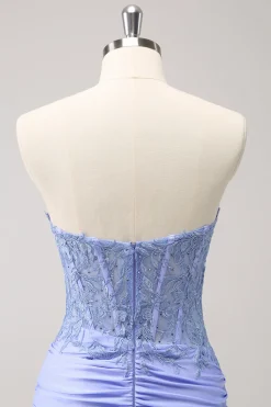 Espartilho sem alças lilás plissado apertado Homecoming Dress com apliques