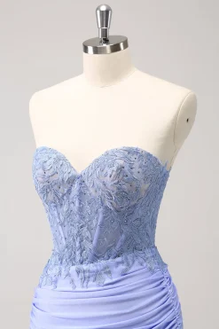 Espartilho sem alças lilás plissado apertado Homecoming Dress com apliques