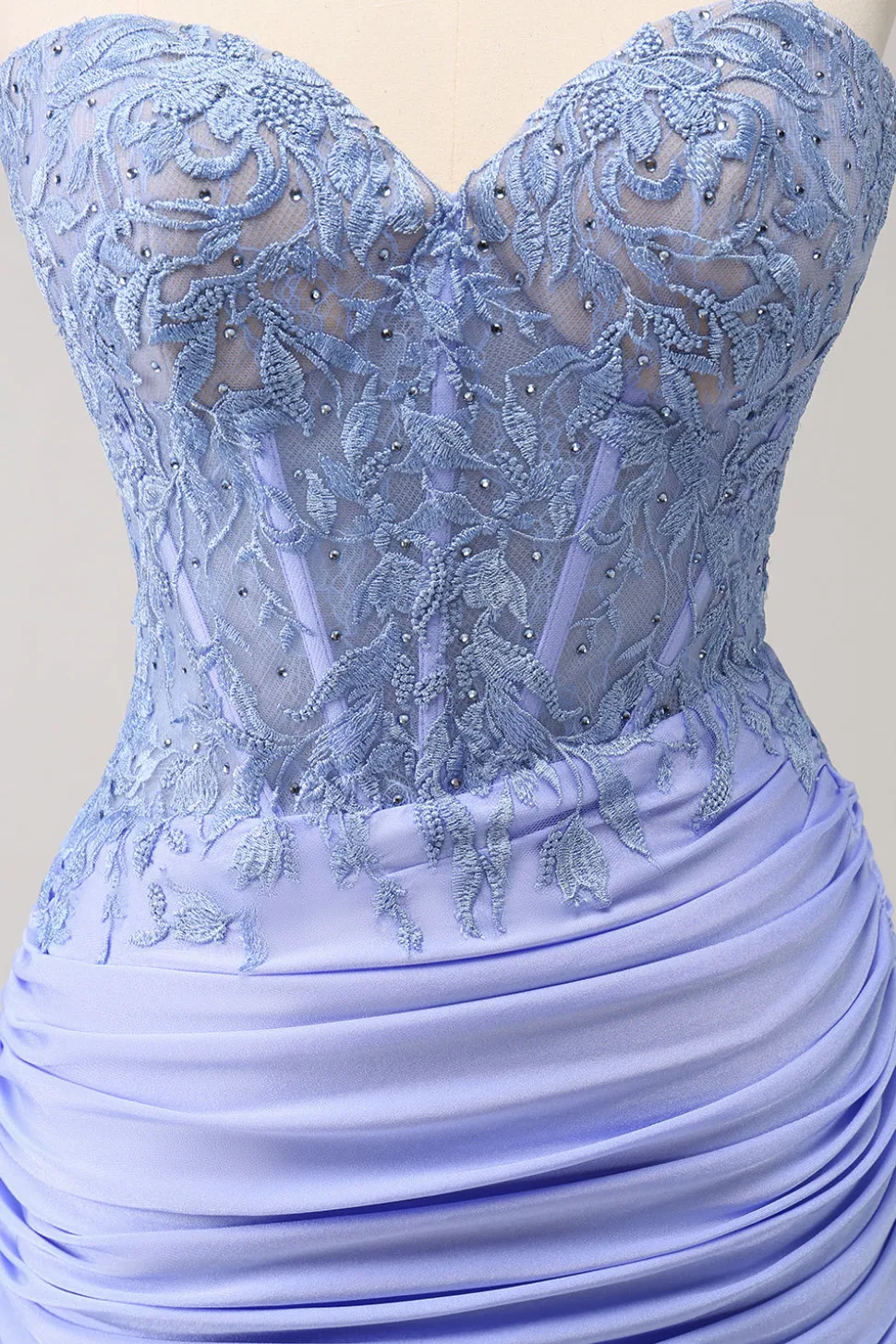 Espartilho sem alças lilás plissado apertado Homecoming Dress com apliques
