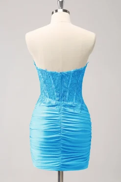 Espartilho sem alças lilás plissado apertado Homecoming Dress com apliques