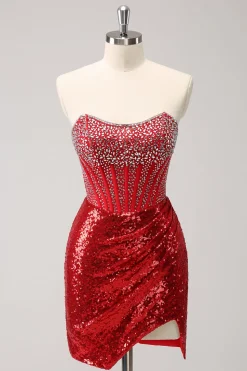 Espartilho Sparkly Red Strapless Sequined Beaded Tight Homecoming Dress com fenda