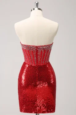 Espartilho Sparkly Red Strapless Sequined Beaded Tight Homecoming Dress com fenda