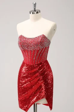 Espartilho Sparkly Red Strapless Sequined Beaded Tight Homecoming Dress com fenda