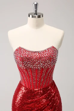 Espartilho Sparkly Red Strapless Sequined Beaded Tight Homecoming Dress com fenda