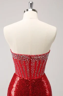 Espartilho Sparkly Red Strapless Sequined Beaded Tight Homecoming Dress com fenda