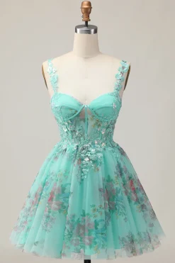 Espartilho Verde A-Line Vestido Curto Homecoming Floral com Renda Up Back