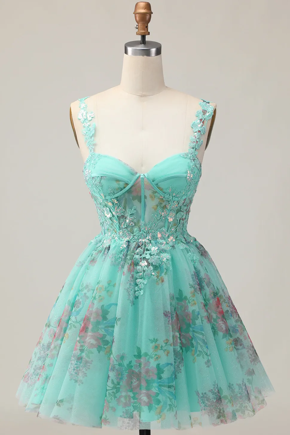 Espartilho Verde A-Line Vestido Curto Homecoming Floral com Renda Up Back