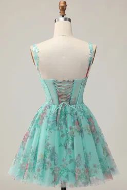 Espartilho Verde A-Line Vestido Curto Homecoming Floral com Renda Up Back