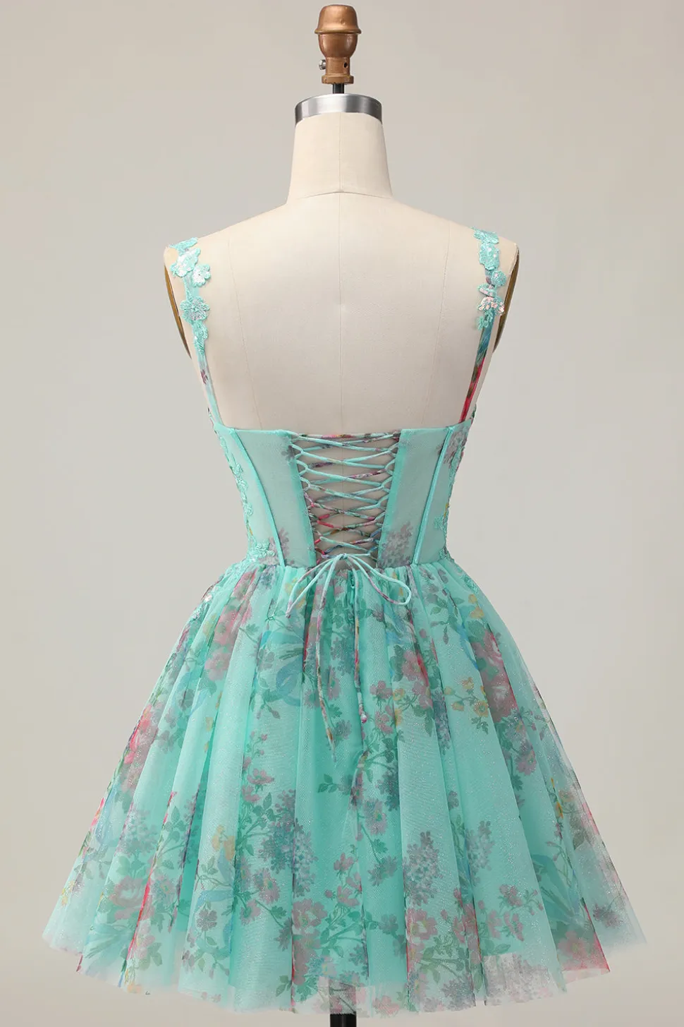 Espartilho Verde A-Line Vestido Curto Homecoming Floral com Renda Up Back