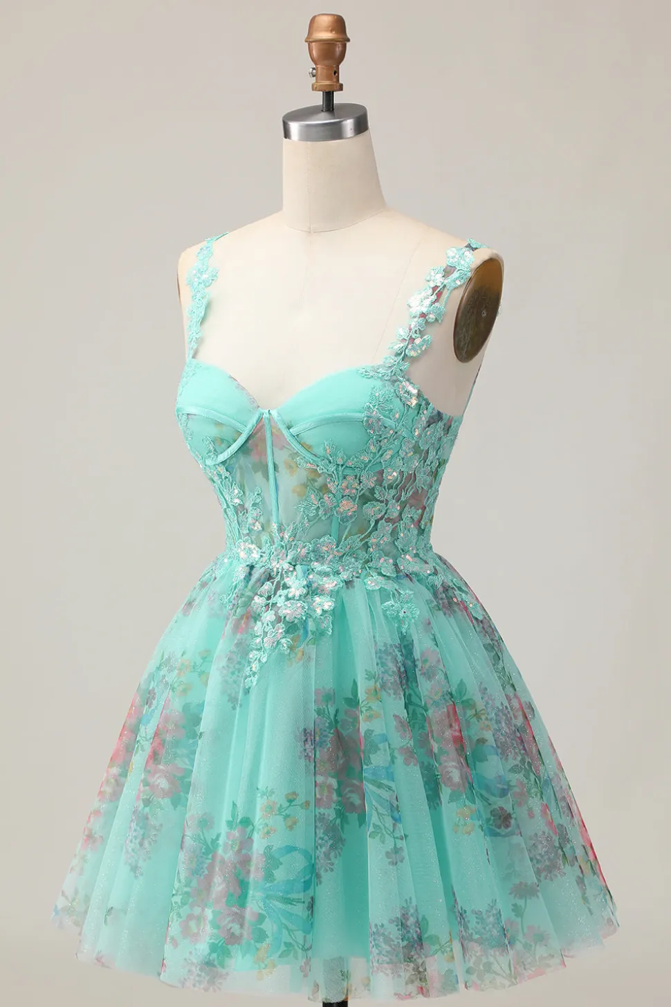 Espartilho Verde A-Line Vestido Curto Homecoming Floral com Renda Up Back