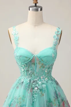 Espartilho Verde A-Line Vestido Curto Homecoming Floral com Renda Up Back