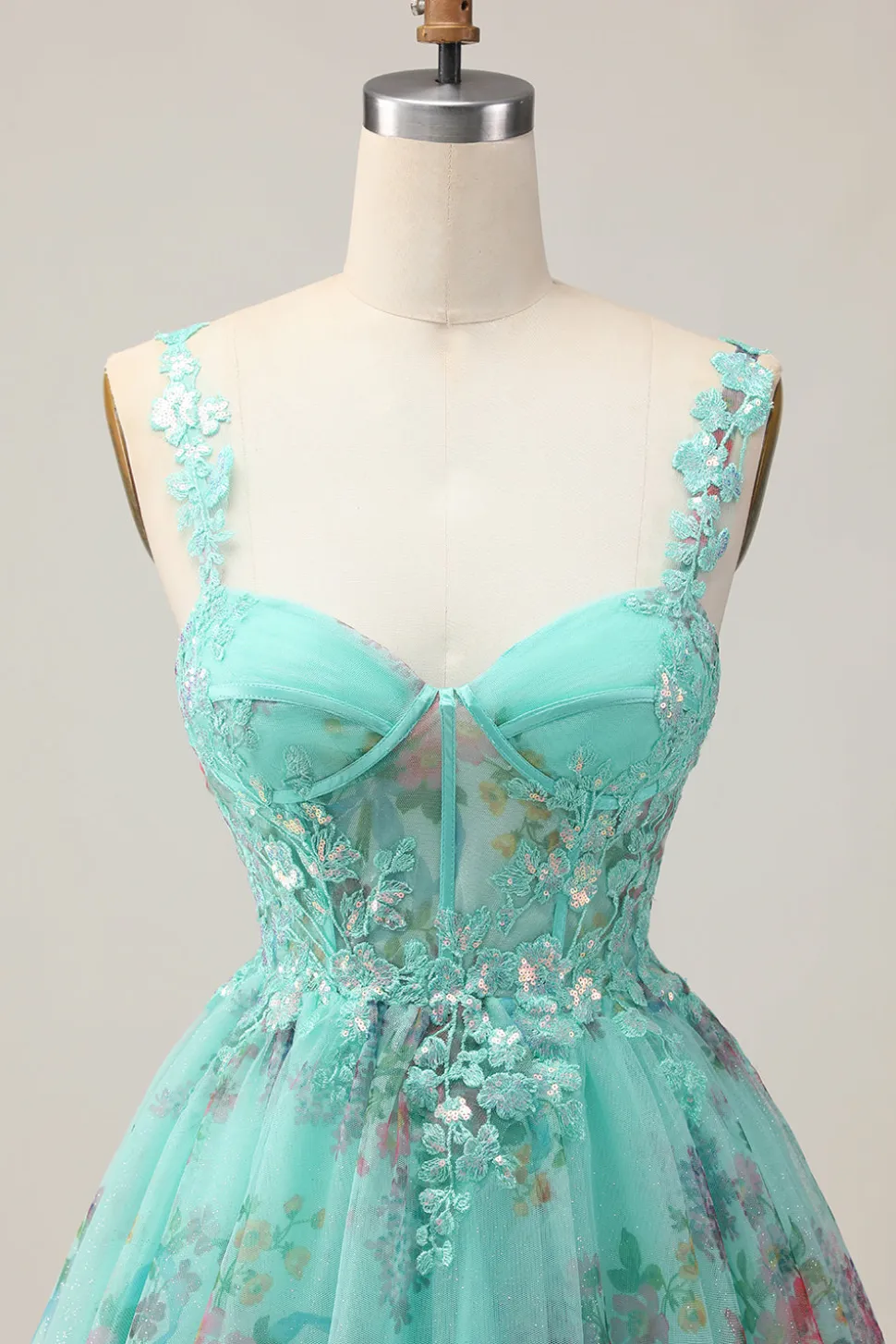 Espartilho Verde A-Line Vestido Curto Homecoming Floral com Renda Up Back