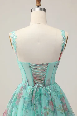 Espartilho Verde A-Line Vestido Curto Homecoming Floral com Renda Up Back