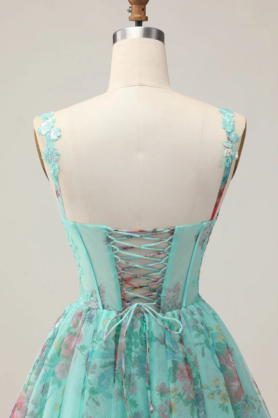 Espartilho Verde A-Line Vestido Curto Homecoming Floral com Renda Up Back
