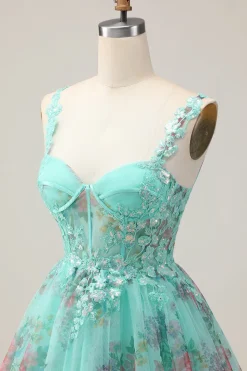 Espartilho Verde A-Line Vestido Curto Homecoming Floral com Renda Up Back