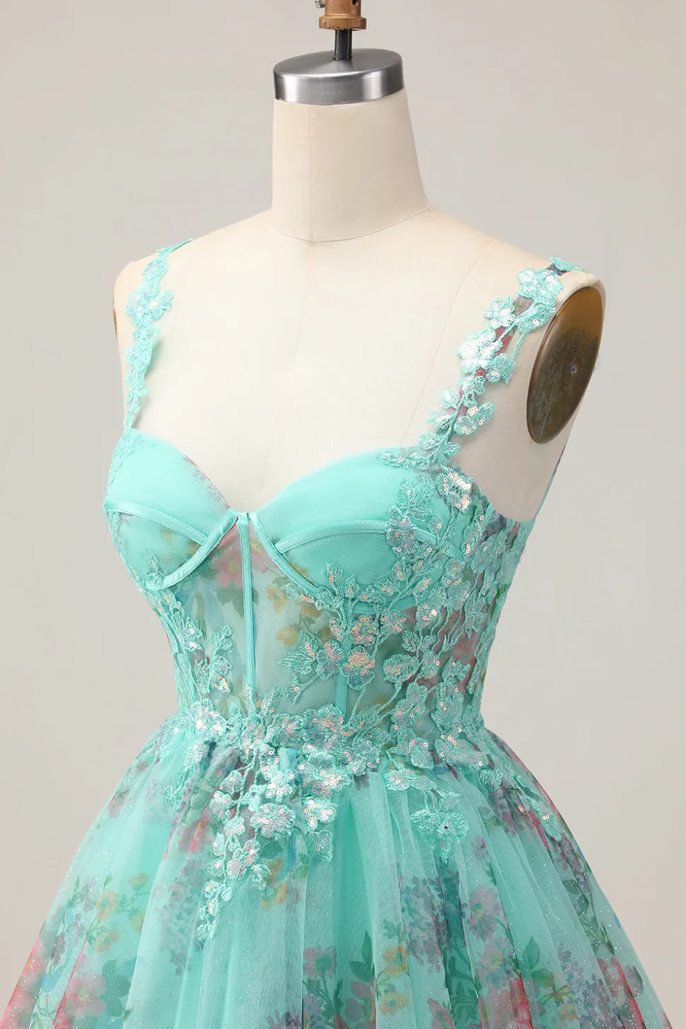 Espartilho Verde A-Line Vestido Curto Homecoming Floral com Renda Up Back