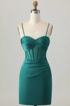Espartilho verde escuro apertado curto cetim Homecoming Dress