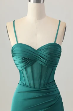 Espartilho verde escuro apertado curto cetim Homecoming Dress