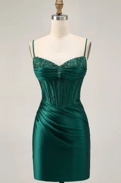 Espartilho Verde Escuro Bodycon Sequins Cetim Homecoming Dress