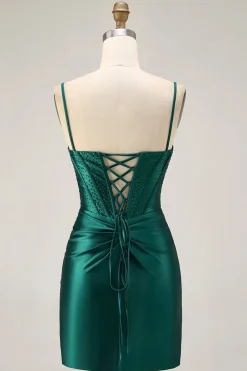 Espartilho Verde Escuro Bodycon Sequins Cetim Homecoming Dress