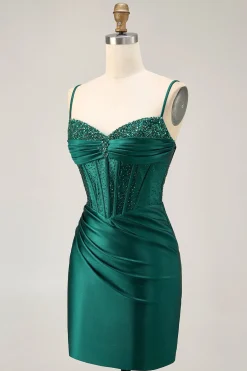 Espartilho Verde Escuro Bodycon Sequins Cetim Homecoming Dress
