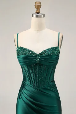 Espartilho Verde Escuro Bodycon Sequins Cetim Homecoming Dress