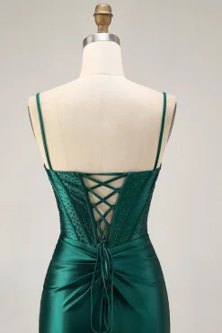 Espartilho Verde Escuro Bodycon Sequins Cetim Homecoming Dress