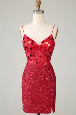 Espartilho vermelho brilhante lantejoulas espelho apertado Homecoming Dress