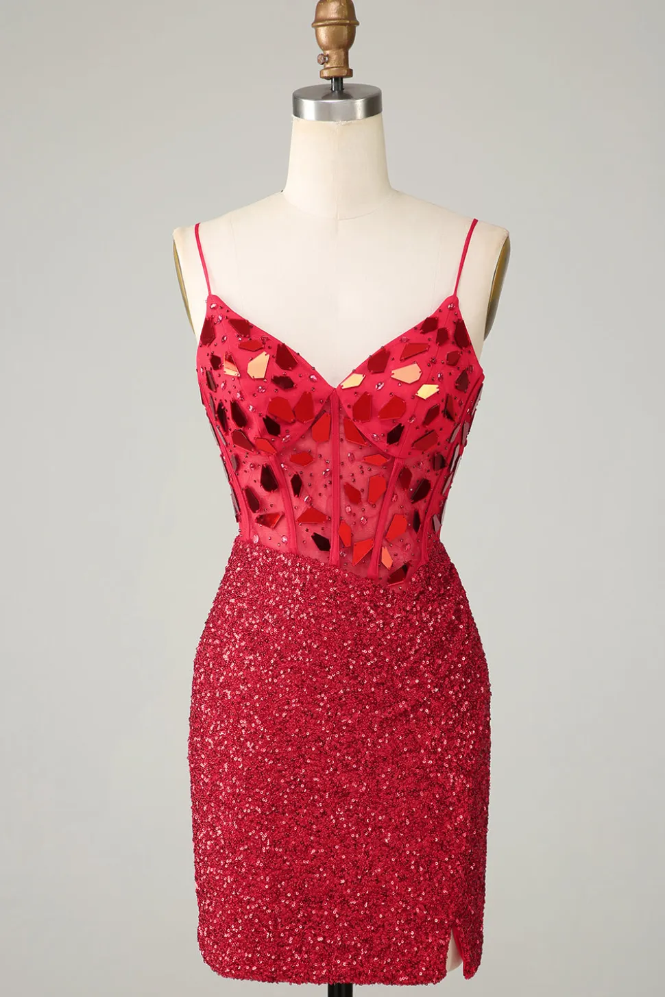 Espartilho vermelho brilhante lantejoulas espelho apertado Homecoming Dress