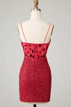 Espartilho vermelho brilhante lantejoulas espelho apertado Homecoming Dress